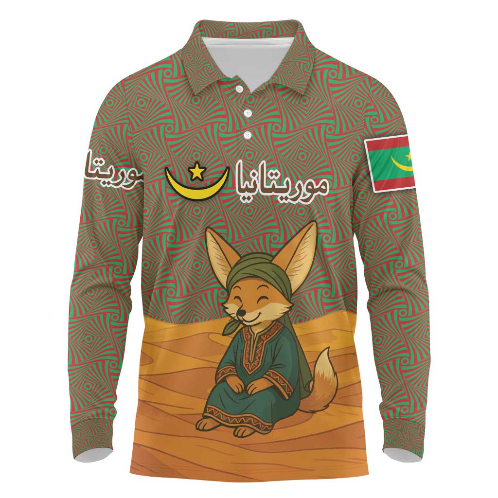 Mauritania Long Sleeve Polo Shirt with Cute Fennec Fox and Arabic Calligraphy Desert Design