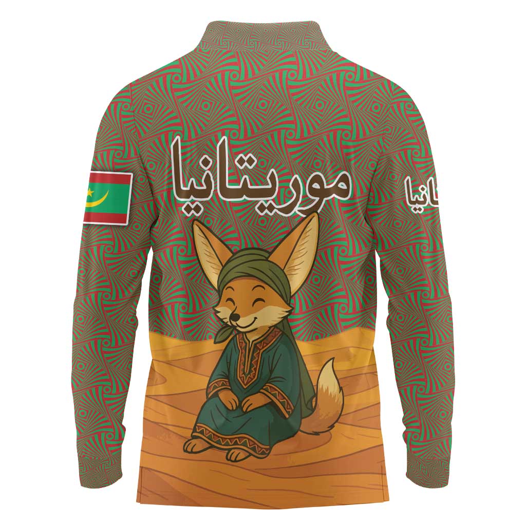 Mauritania Long Sleeve Polo Shirt with Cute Fennec Fox and Arabic Calligraphy Desert Design