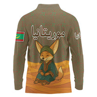 Mauritania Long Sleeve Polo Shirt with Cute Fennec Fox and Arabic Calligraphy Desert Design