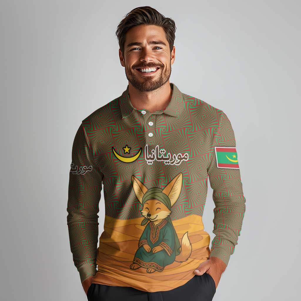 Mauritania Long Sleeve Polo Shirt with Cute Fennec Fox and Arabic Calligraphy Desert Design