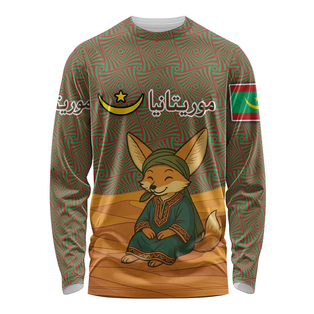 Mauritania Long Sleeve Shirt with Cute Fennec Fox and Arabic Calligraphy Desert Design