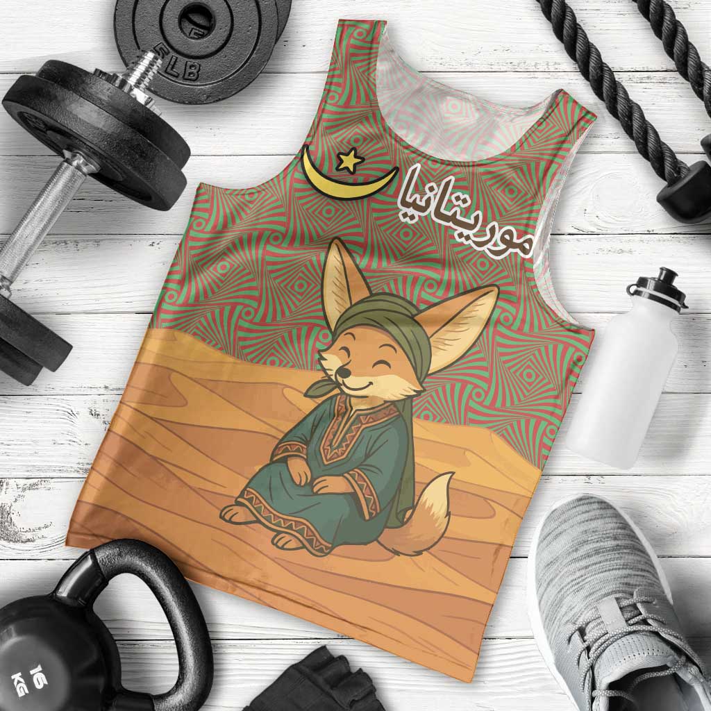 Mauritania Men Tank Top with Cute Fennec Fox and Arabic Calligraphy Desert Design
