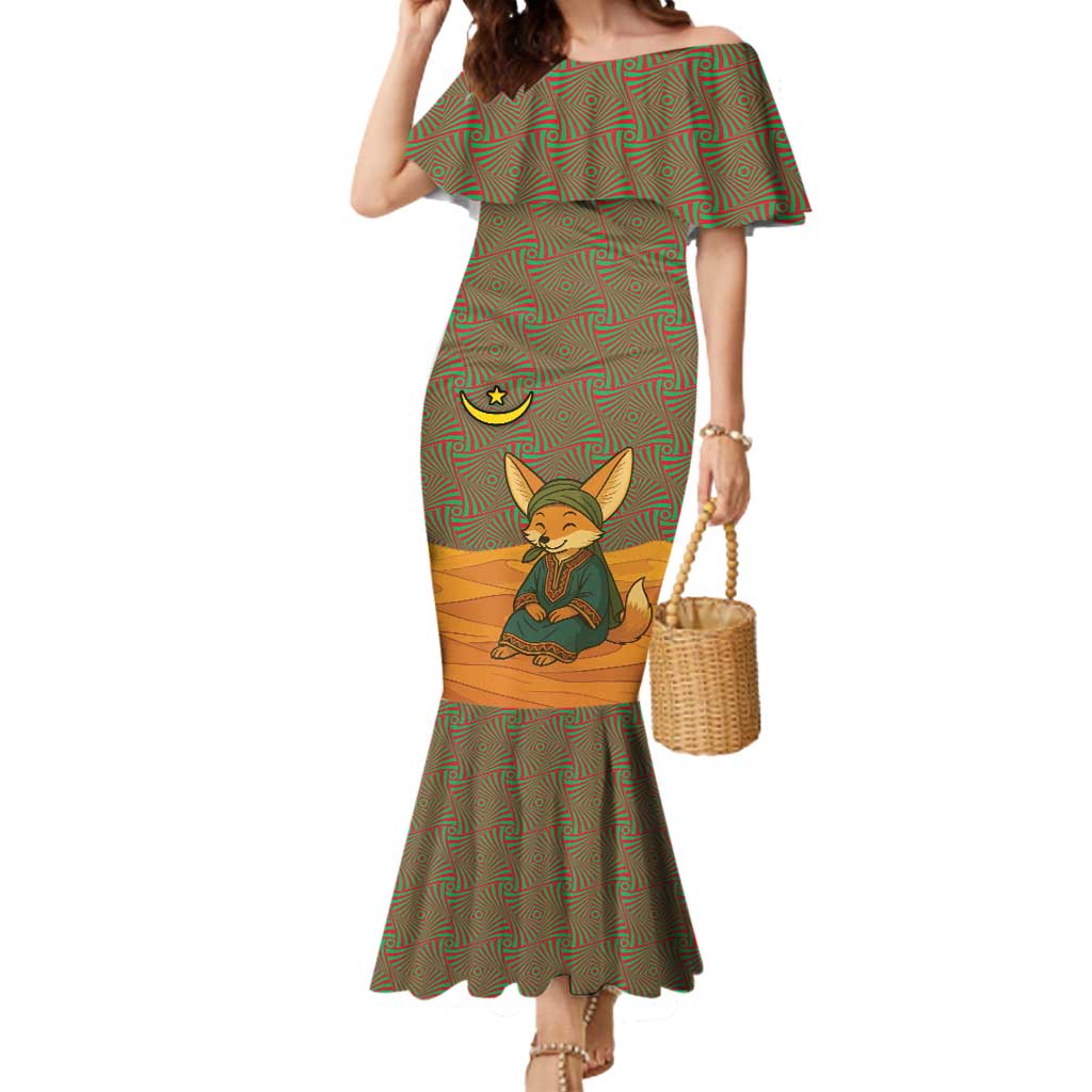 Mauritania Mermaid Dress with Cute Fennec Fox and Arabic Calligraphy Desert Design