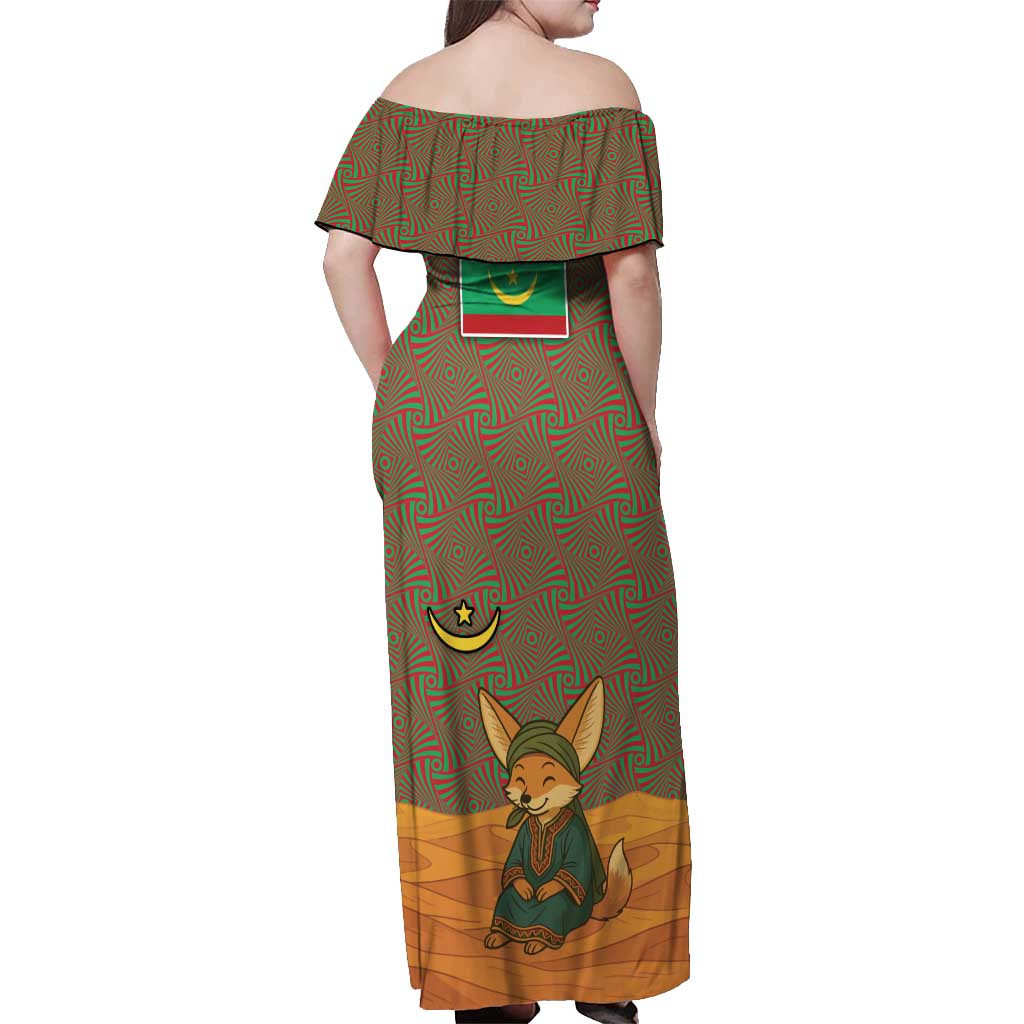 Mauritania Off Shoulder Maxi Dress with Cute Fennec Fox and Arabic Calligraphy Desert Design