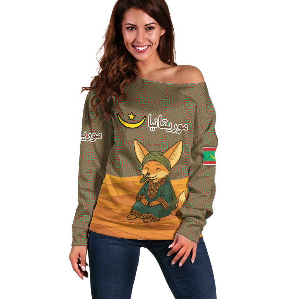 Mauritania Off Shoulder Sweater with Cute Fennec Fox and Arabic Calligraphy Desert Design