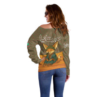 Mauritania Off Shoulder Sweater with Cute Fennec Fox and Arabic Calligraphy Desert Design