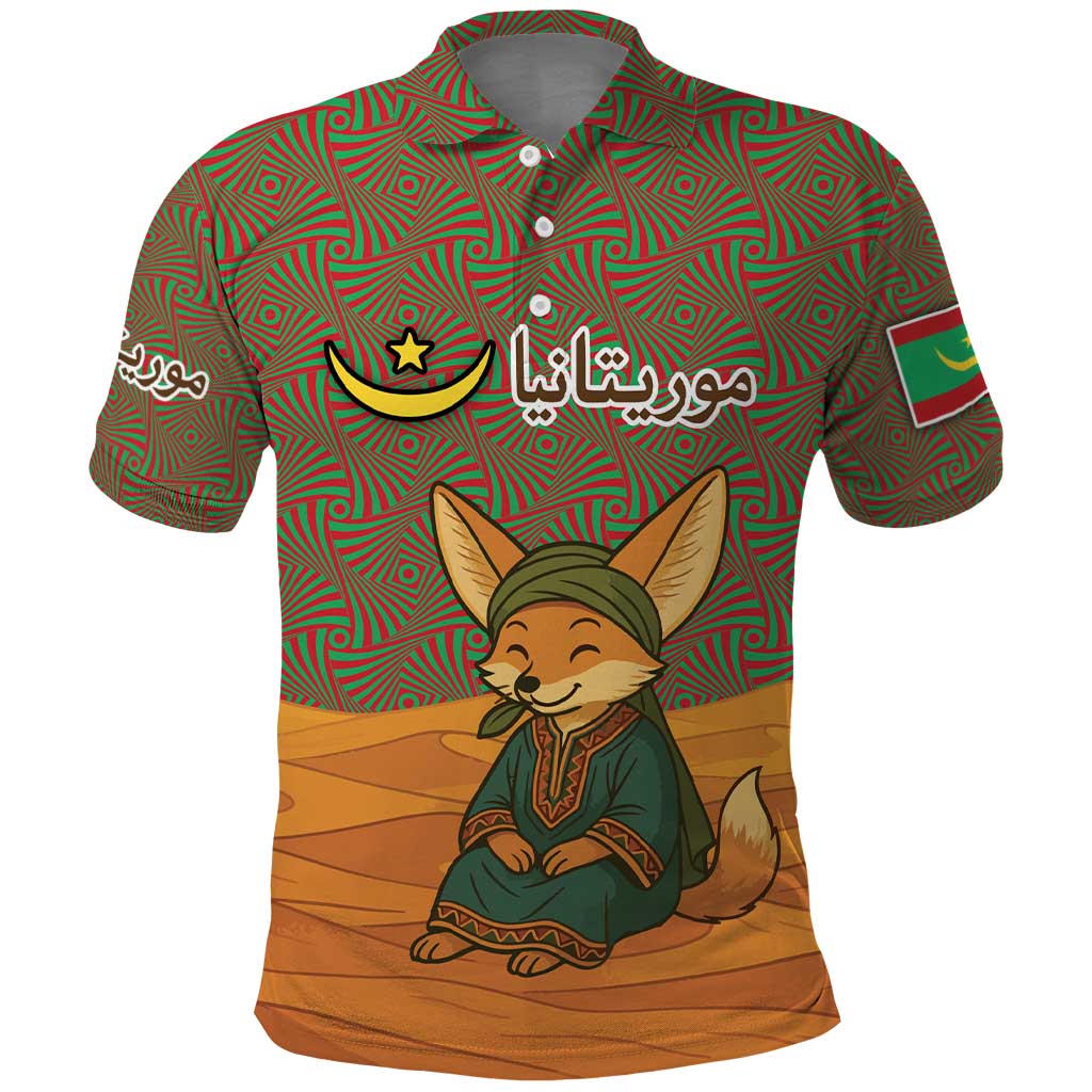 Mauritania Polo Shirt with Cute Fennec Fox and Arabic Calligraphy Desert Design