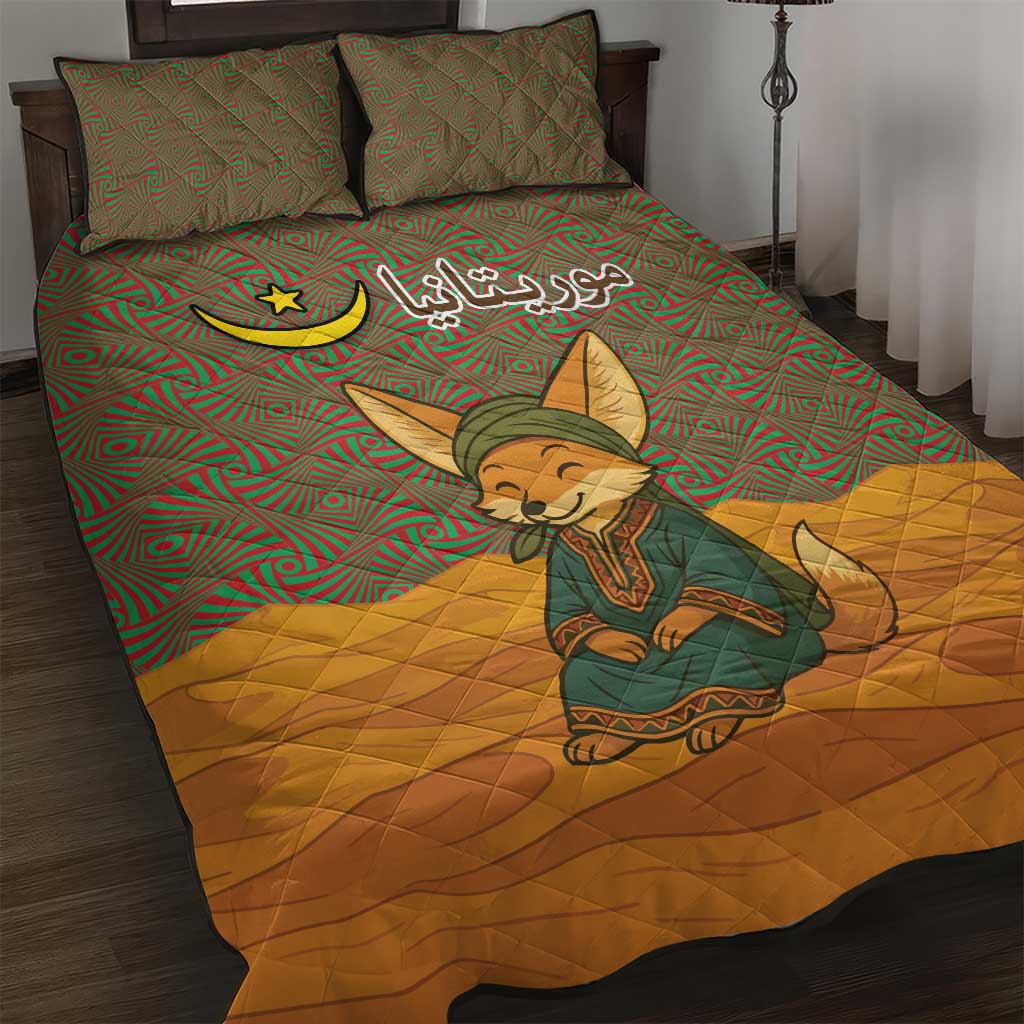 Mauritania Quilt Bed Set with Cute Fennec Fox and Arabic Calligraphy Desert Design