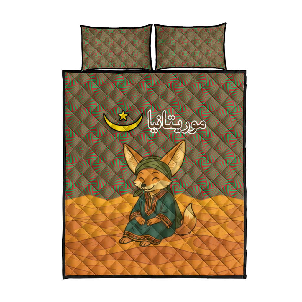 Mauritania Quilt Bed Set with Cute Fennec Fox and Arabic Calligraphy Desert Design