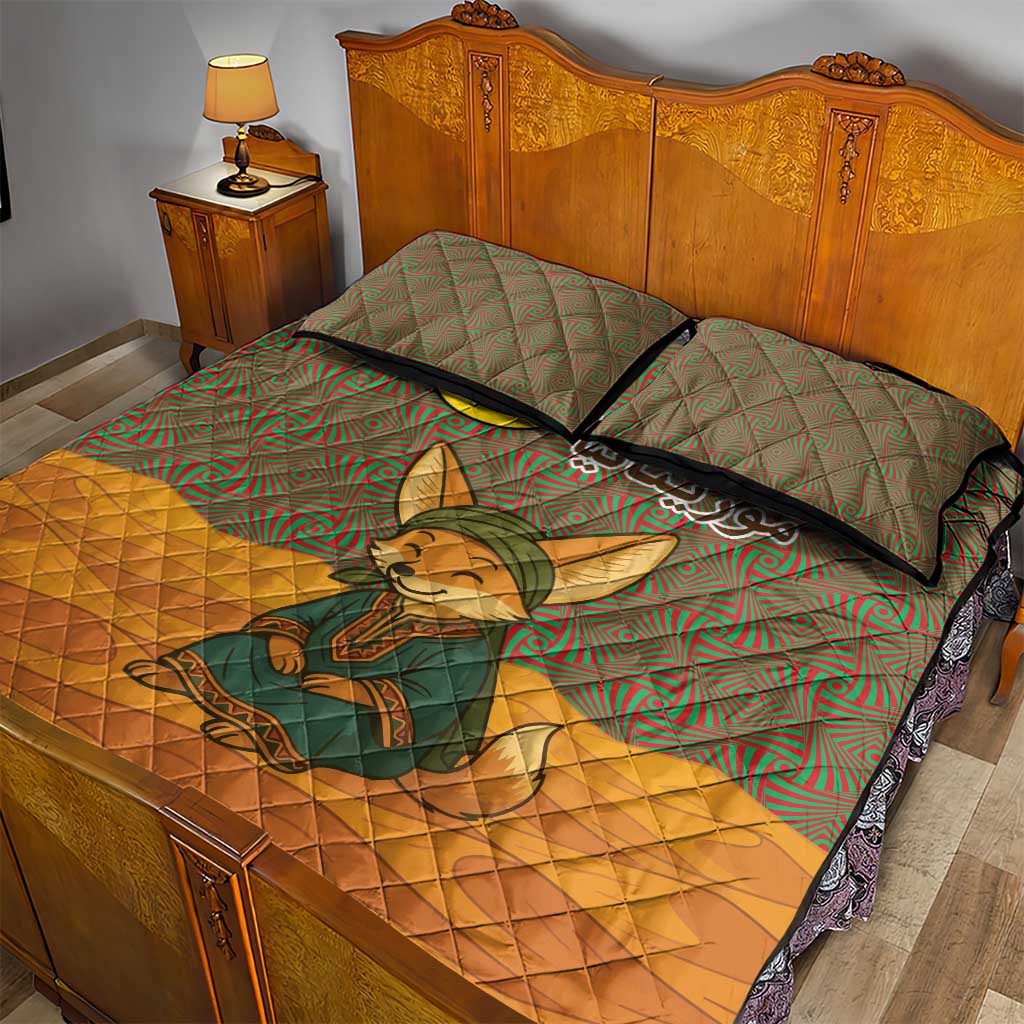 Mauritania Quilt Bed Set with Cute Fennec Fox and Arabic Calligraphy Desert Design