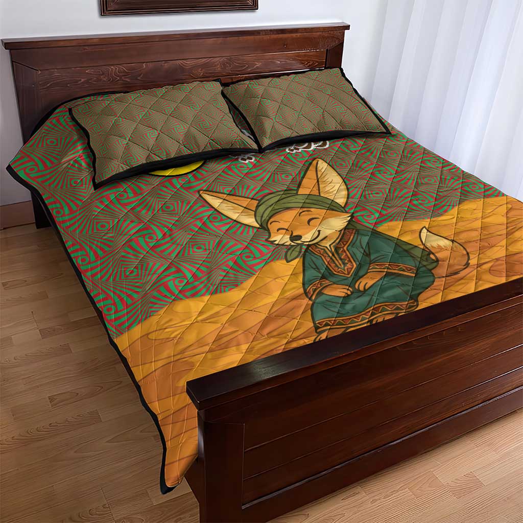 Mauritania Quilt Bed Set with Cute Fennec Fox and Arabic Calligraphy Desert Design