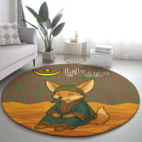 Mauritania Round Carpet with Cute Fennec Fox and Arabic Calligraphy Desert Design