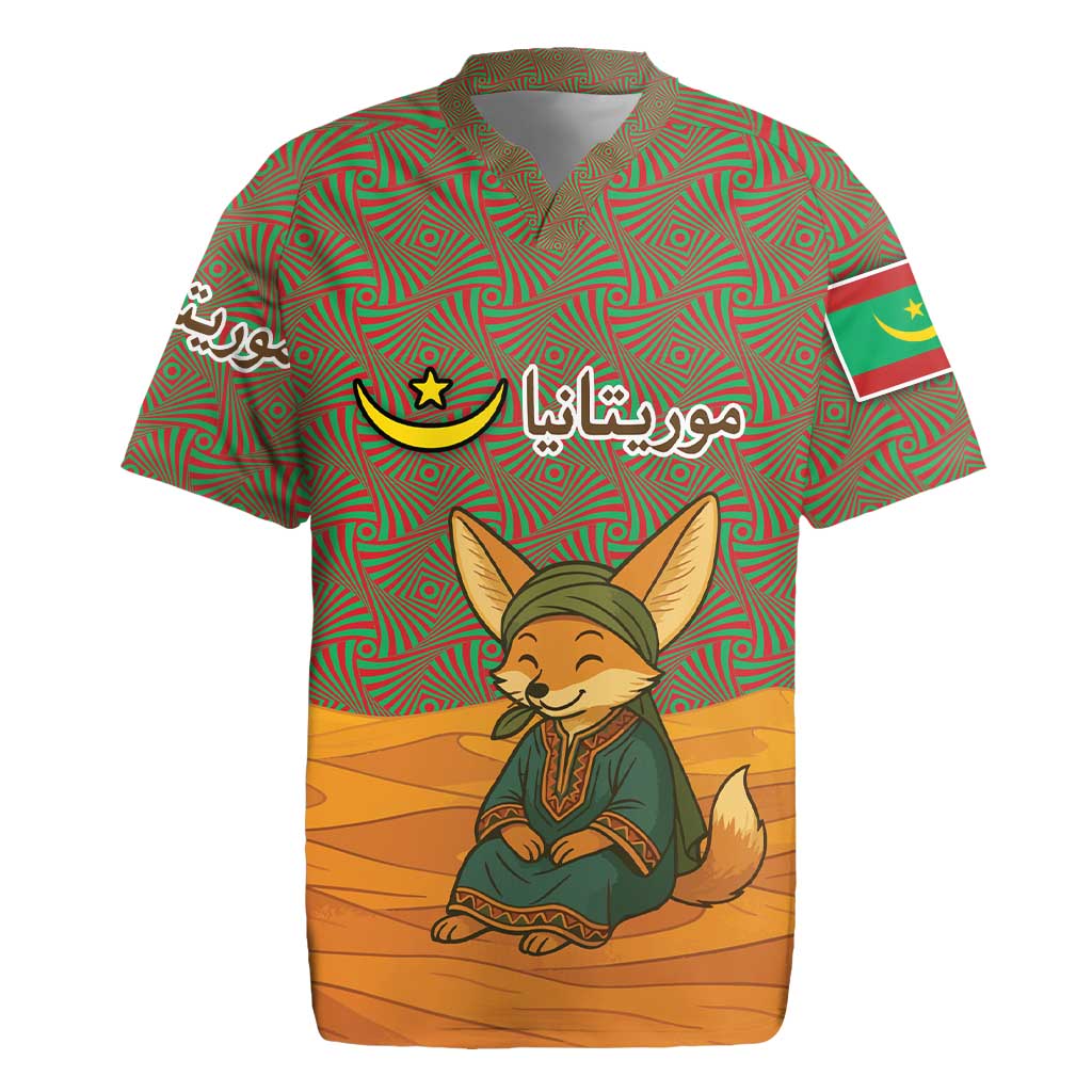 Mauritania Rugby Jersey with Cute Fennec Fox and Arabic Calligraphy Desert Design