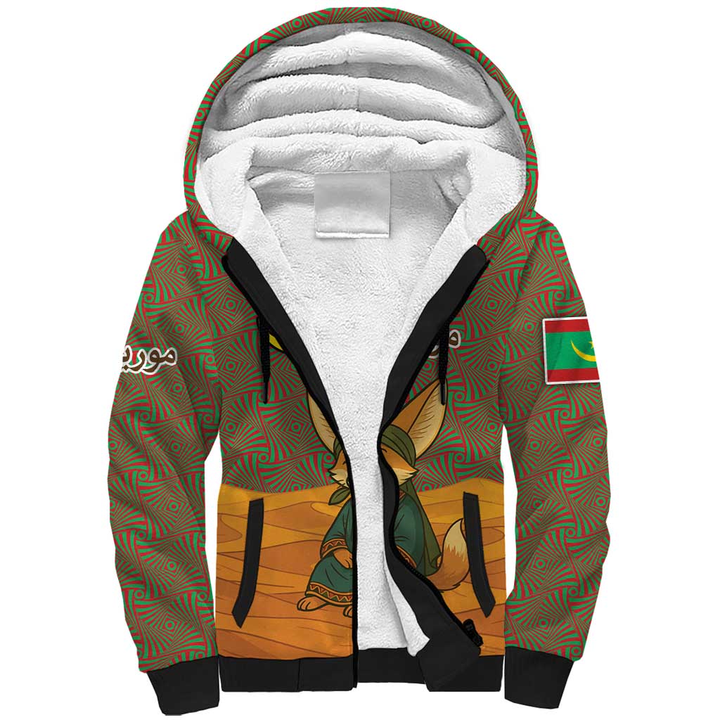 Mauritania Sherpa Hoodie with Cute Fennec Fox and Arabic Calligraphy Desert Design