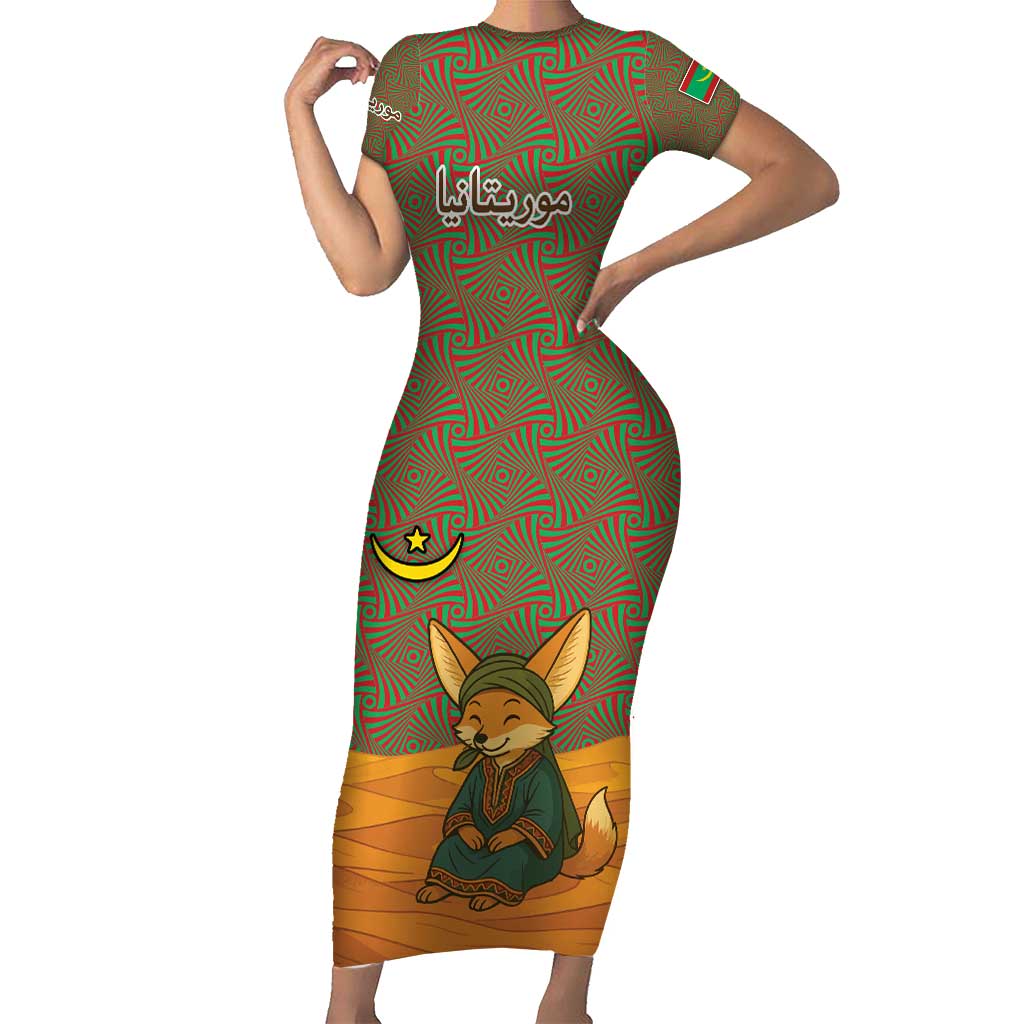 Mauritania Short Sleeve Bodycon Dress with Cute Fennec Fox and Arabic Calligraphy Desert Design