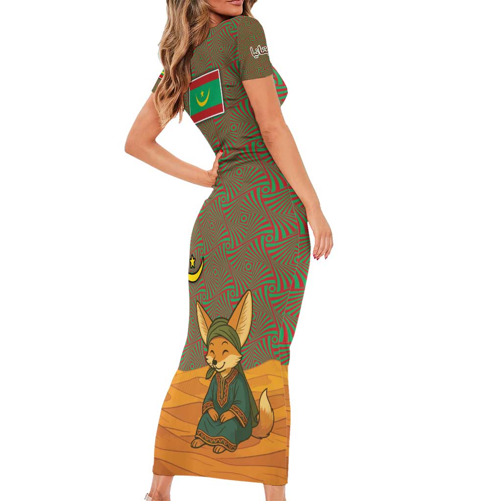 Mauritania Short Sleeve Bodycon Dress with Cute Fennec Fox and Arabic Calligraphy Desert Design