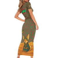 Mauritania Short Sleeve Bodycon Dress with Cute Fennec Fox and Arabic Calligraphy Desert Design