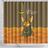 Mauritania Shower Curtain with Cute Fennec Fox and Arabic Calligraphy Desert Design