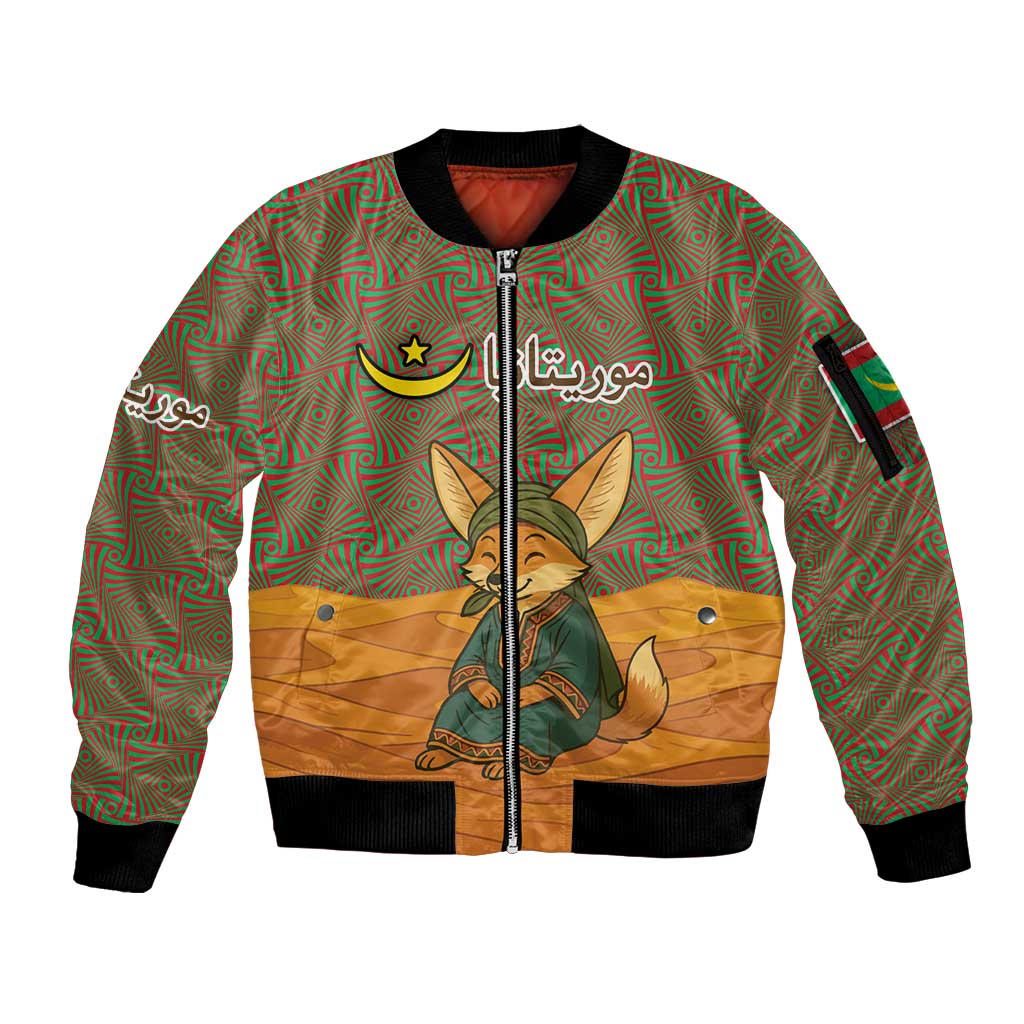 Mauritania Sleeve Zip Bomber Jacket with Cute Fennec Fox and Arabic Calligraphy Desert Design