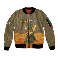 Mauritania Sleeve Zip Bomber Jacket with Cute Fennec Fox and Arabic Calligraphy Desert Design