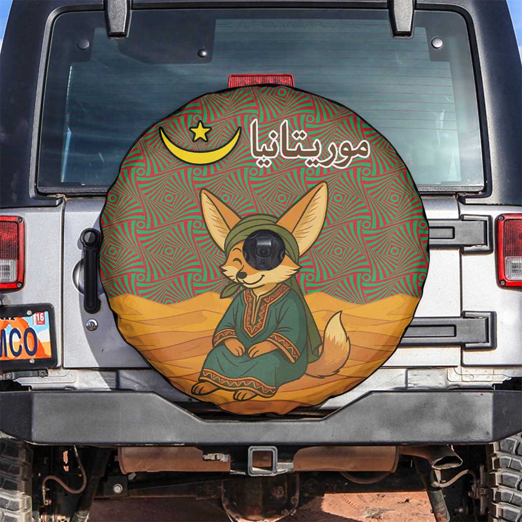 Mauritania Spare Tire Cover with Cute Fennec Fox and Arabic Calligraphy Desert Design