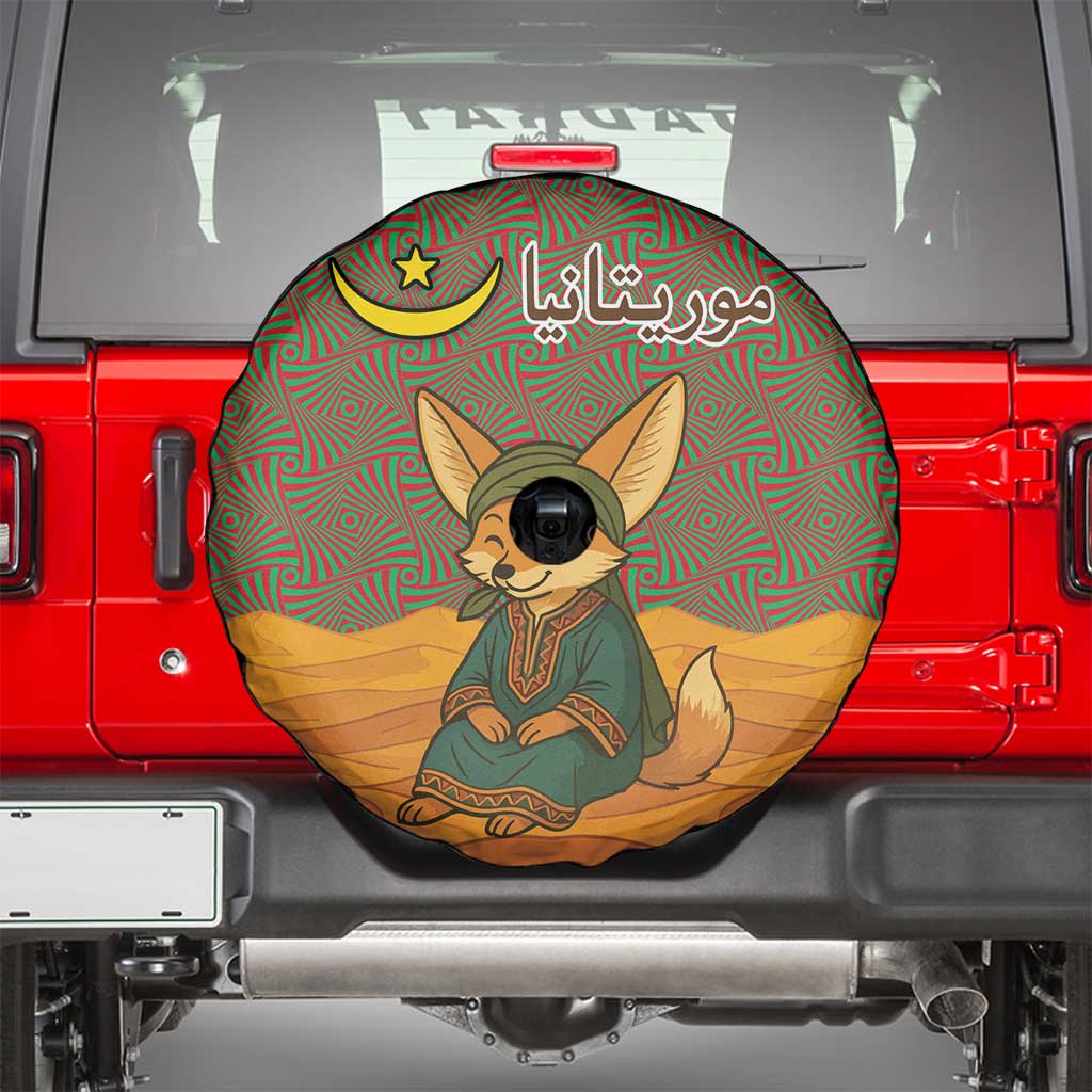 Mauritania Spare Tire Cover with Cute Fennec Fox and Arabic Calligraphy Desert Design