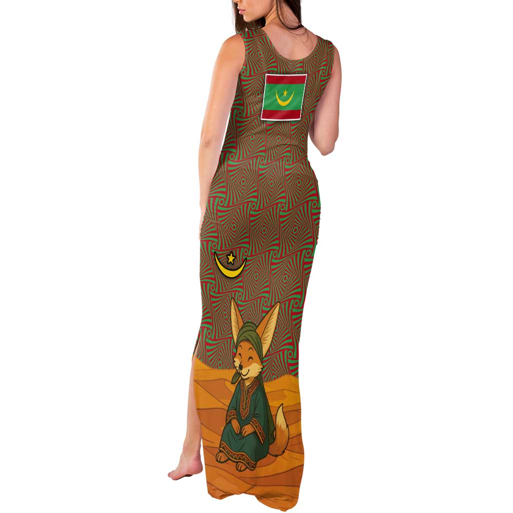 Mauritania Tank Maxi Dress with Cute Fennec Fox and Arabic Calligraphy Desert Design