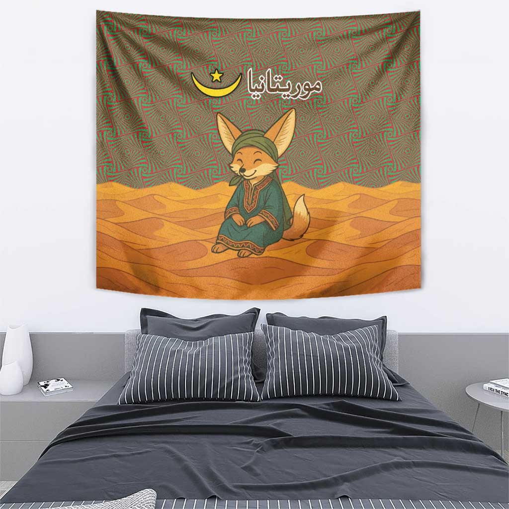 Mauritania Tapestry with Cute Fennec Fox and Arabic Calligraphy Desert Design