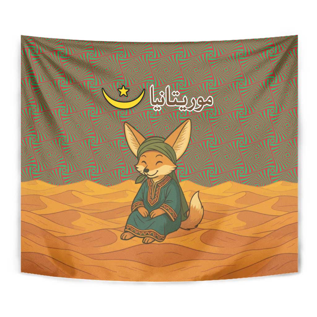 Mauritania Tapestry with Cute Fennec Fox and Arabic Calligraphy Desert Design