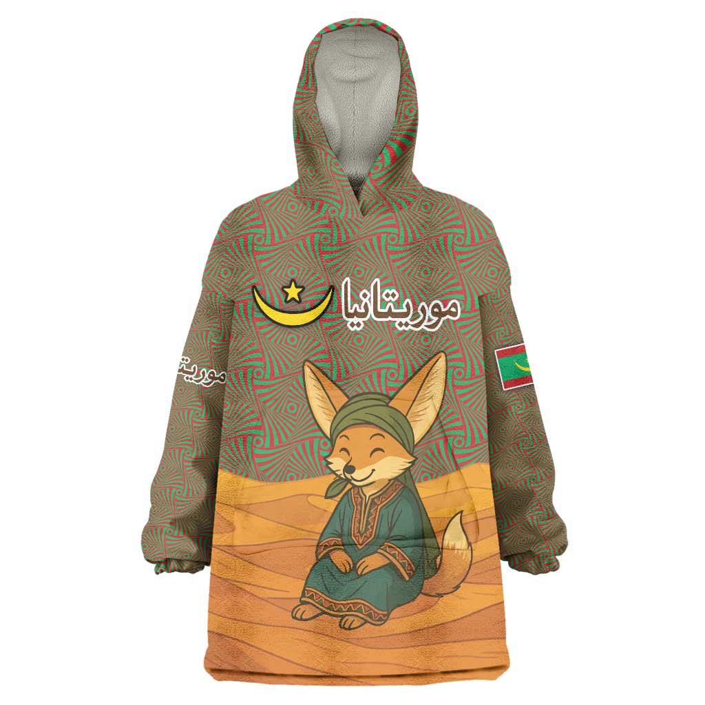 Mauritania Wearable Blanket Hoodie with Cute Fennec Fox and Arabic Calligraphy Desert Design