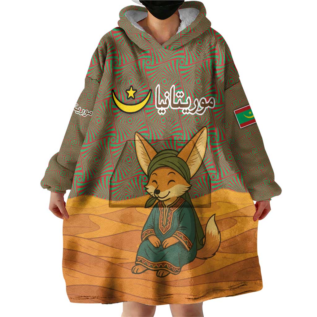 Mauritania Wearable Blanket Hoodie with Cute Fennec Fox and Arabic Calligraphy Desert Design
