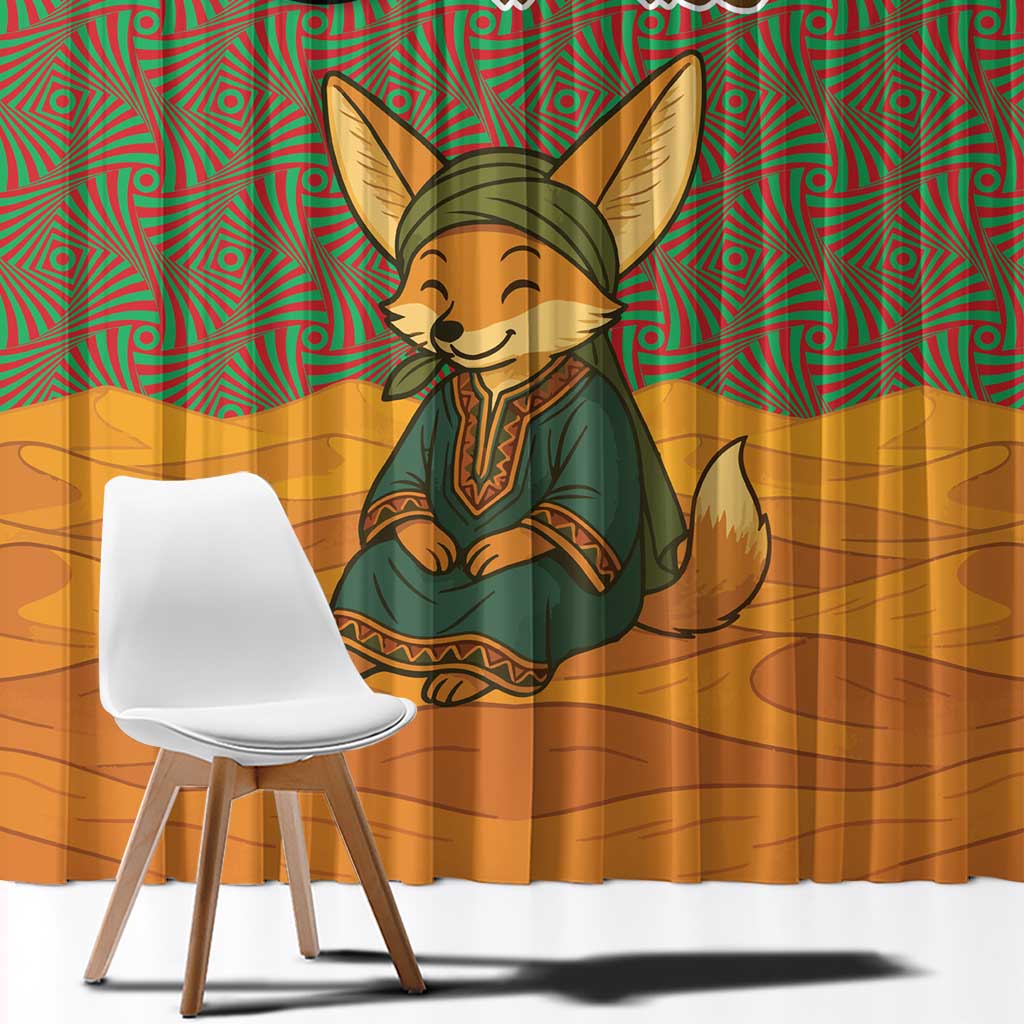 Mauritania Window Curtain with Cute Fennec Fox and Arabic Calligraphy Desert Design