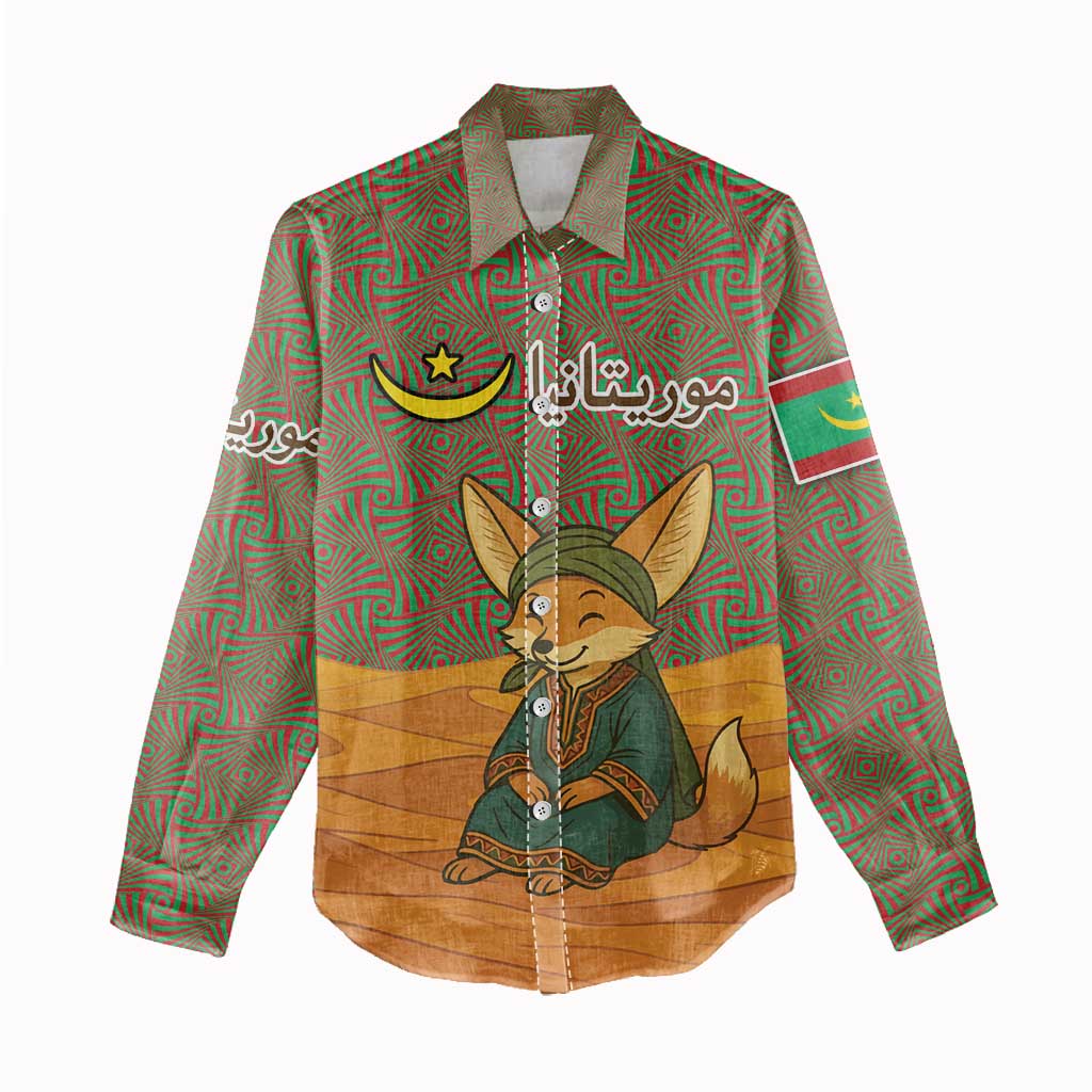Mauritania Women Casual Shirt with Cute Fennec Fox and Arabic Calligraphy Desert Design