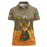 Mauritania Women Polo Shirt with Cute Fennec Fox and Arabic Calligraphy Desert Design