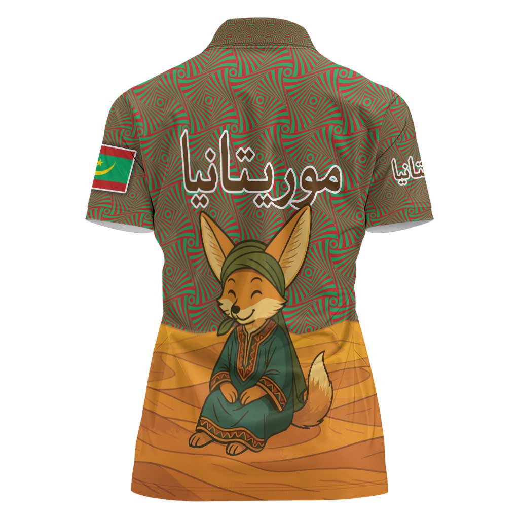 Mauritania Women Polo Shirt with Cute Fennec Fox and Arabic Calligraphy Desert Design