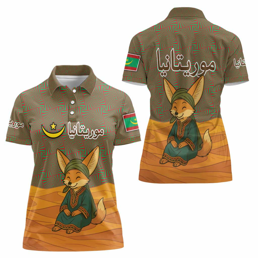 Mauritania Women Polo Shirt with Cute Fennec Fox and Arabic Calligraphy Desert Design