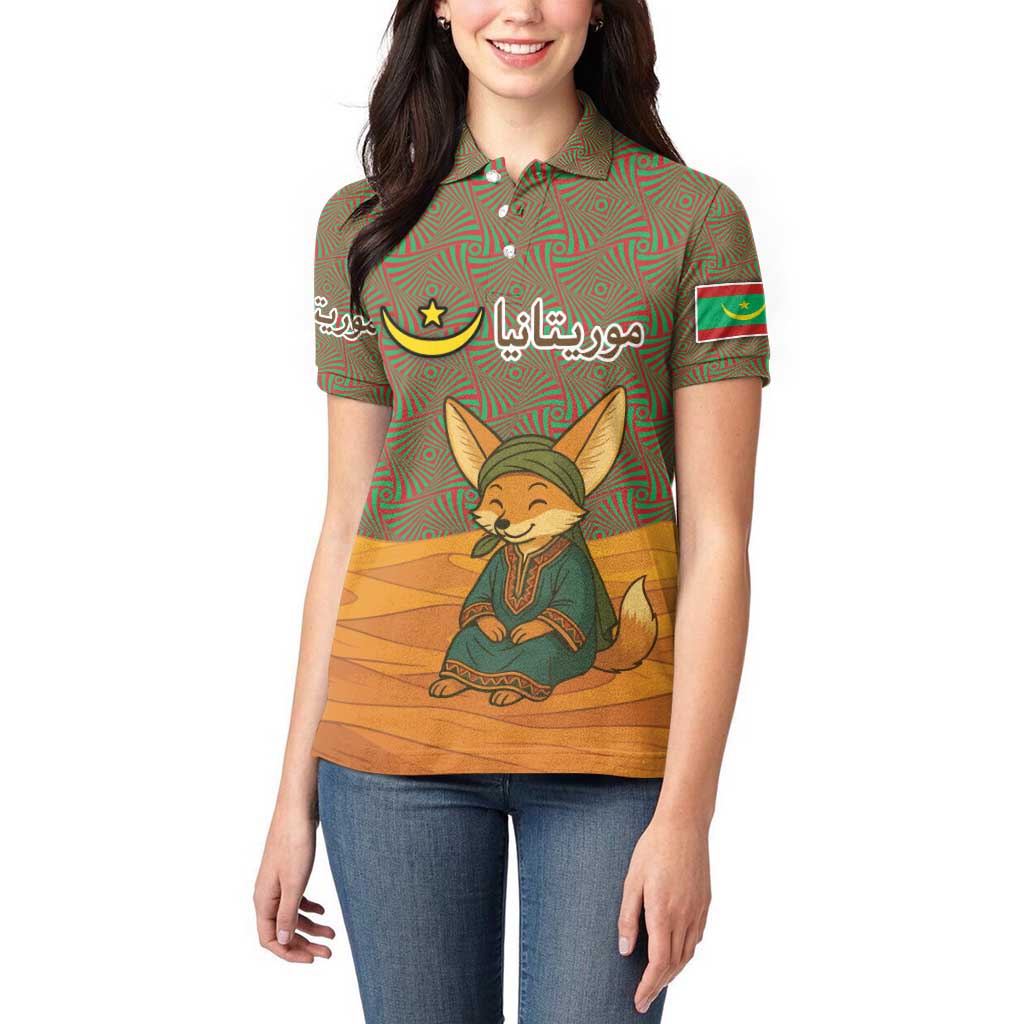 Mauritania Women Polo Shirt with Cute Fennec Fox and Arabic Calligraphy Desert Design