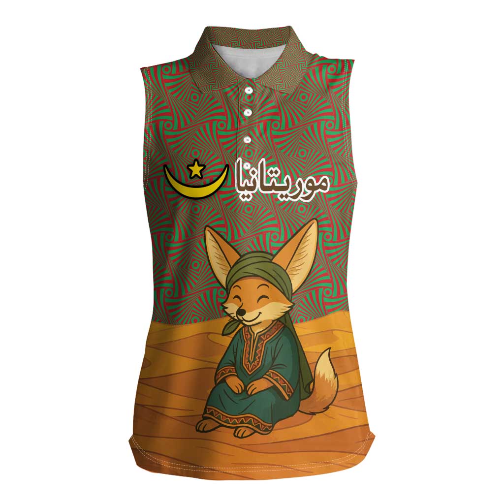 Mauritania Women Sleeveless Polo Shirt with Cute Fennec Fox and Arabic Calligraphy Desert Design