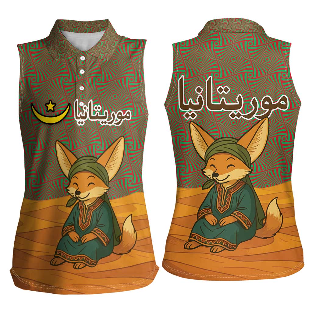 Mauritania Women Sleeveless Polo Shirt with Cute Fennec Fox and Arabic Calligraphy Desert Design
