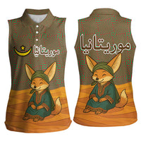 Mauritania Women Sleeveless Polo Shirt with Cute Fennec Fox and Arabic Calligraphy Desert Design