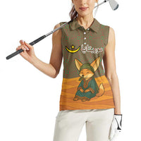 Mauritania Women Sleeveless Polo Shirt with Cute Fennec Fox and Arabic Calligraphy Desert Design