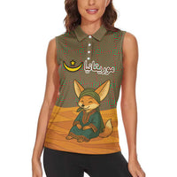 Mauritania Women Sleeveless Polo Shirt with Cute Fennec Fox and Arabic Calligraphy Desert Design