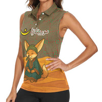Mauritania Women Sleeveless Polo Shirt with Cute Fennec Fox and Arabic Calligraphy Desert Design
