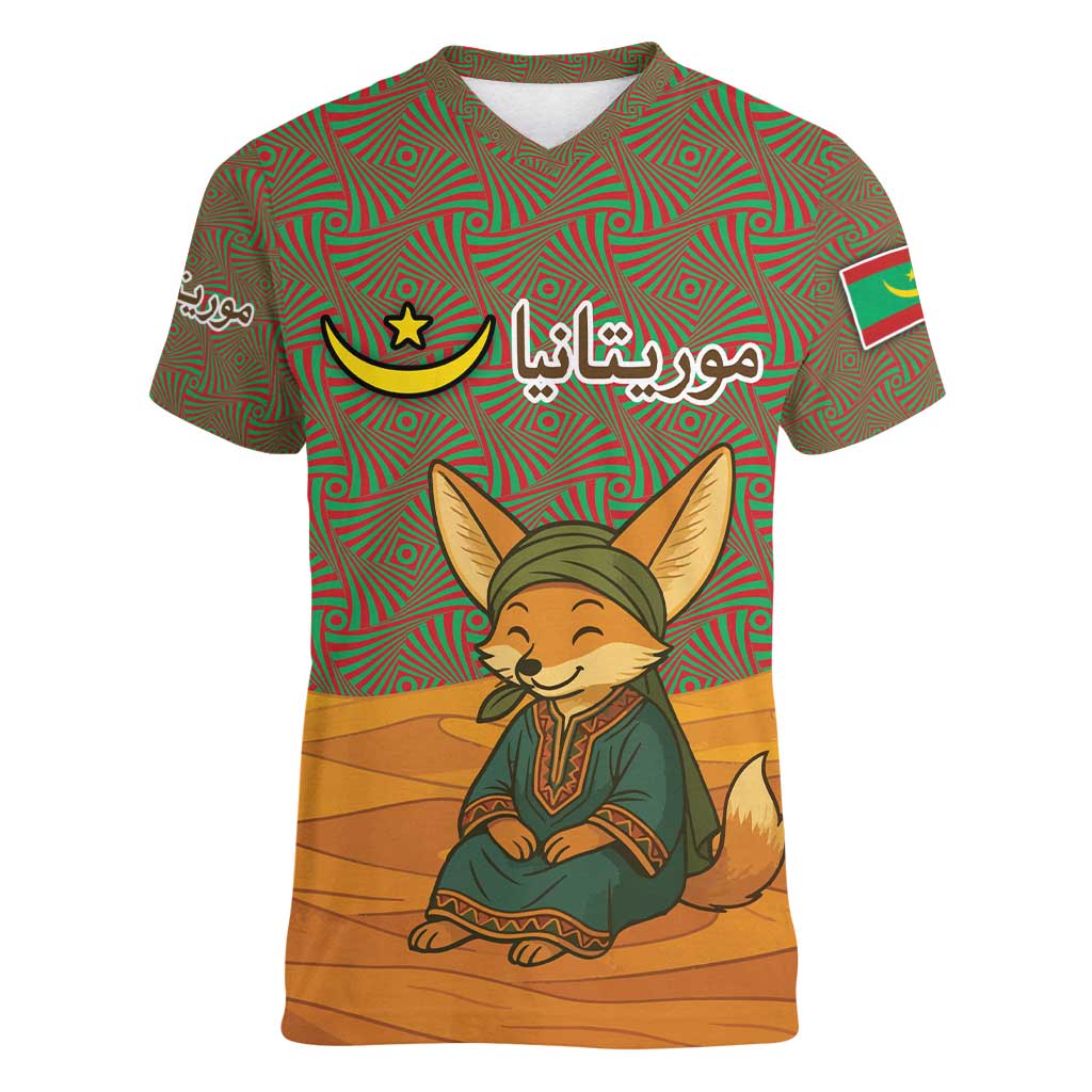 Mauritania Women V-Neck T-Shirt with Cute Fennec Fox and Arabic Calligraphy Desert Design