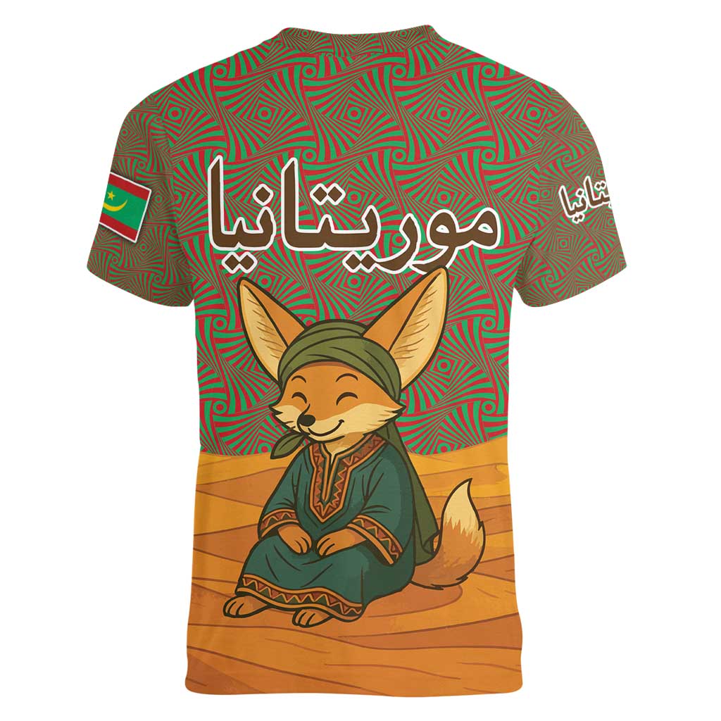 Mauritania Women V-Neck T-Shirt with Cute Fennec Fox and Arabic Calligraphy Desert Design