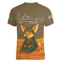 Mauritania Women V-Neck T-Shirt with Cute Fennec Fox and Arabic Calligraphy Desert Design