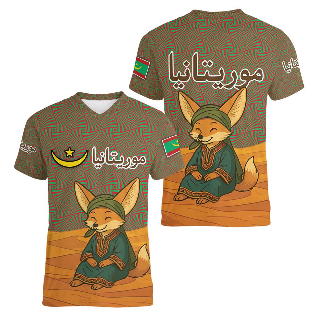 Mauritania Women V-Neck T-Shirt with Cute Fennec Fox and Arabic Calligraphy Desert Design