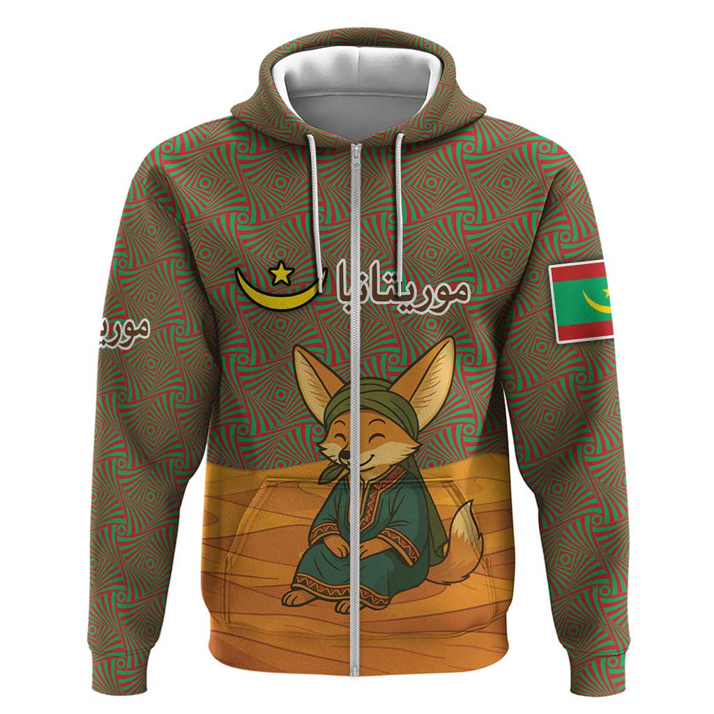 Mauritania Zip Hoodie with Cute Fennec Fox and Arabic Calligraphy Desert Design