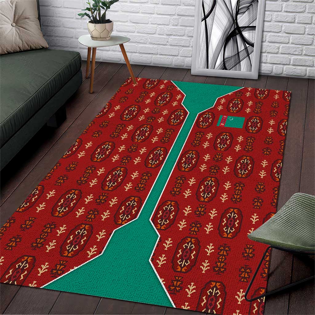 Turkmenistan Traditional Carpet Pattern Area Rug with National Flag