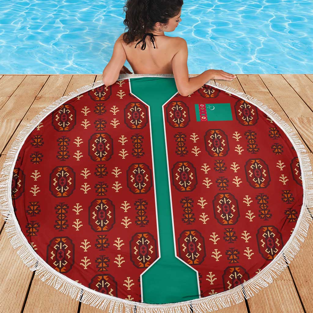 Turkmenistan Traditional Carpet Pattern Beach Blanket with National Flag